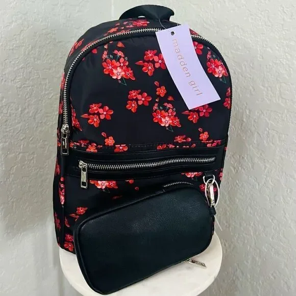 Madden Girl Mini Backpack & Pouch Bag, Lightweight, Black Red Floral, NWT - Picture 7 of 14
